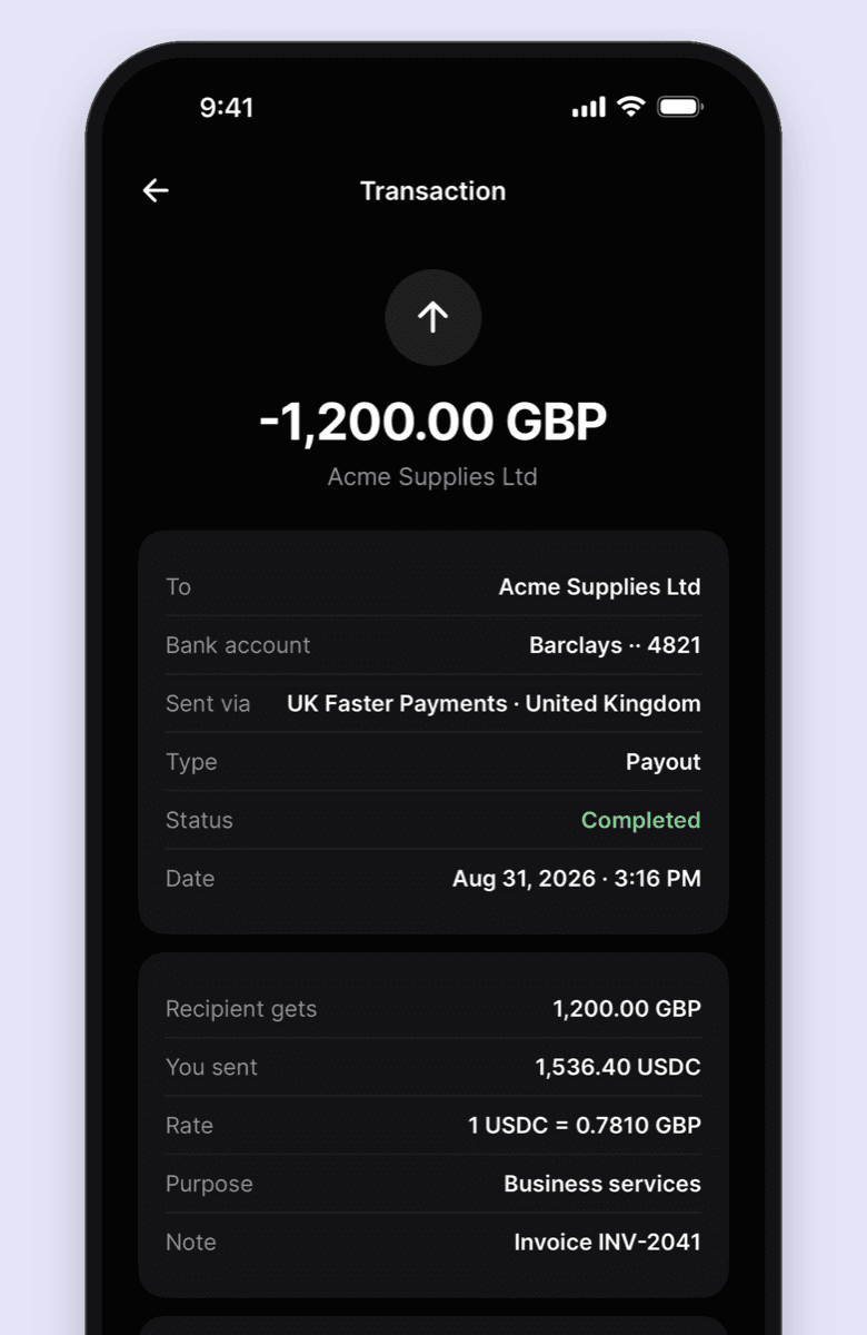 Completed payout of 1,200 GBP to a UK supplier, sent by Faster Payments